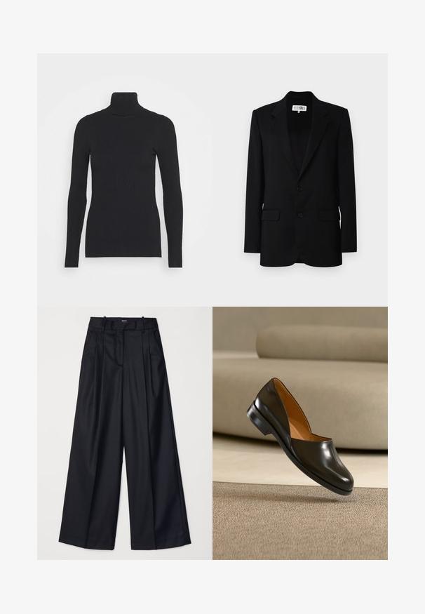 MM6 Maison Margiela JACKET - Blejzer - black; Čierny rebrovaný rolák, ktorý má dlhé rukávy a priliehavý strih. Textúra je hladká s horizontálnym rebrovaním.; Čierne široké nohavice vyrobené z hladkej tkaniny, so zvýšeným pásom, plisovaním a strihom na mieru. Jednoduché čierne kovanie v oblasti pásu.; Čierna kožená obuv slip-on s nízkym podpätkom, ktorá pláva nad textúrovaným béžovým kobercom, béžová pohovka v pozadí.
