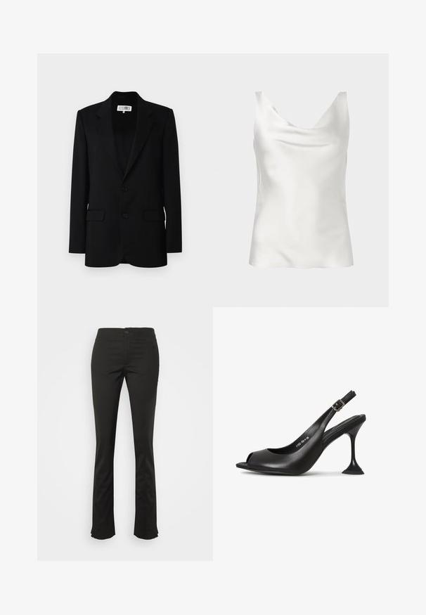 MM6 Maison Margiela JACKET - Blazer - black; Hvid satin ærmeløs camisole top med draperet halsudskæring og en glat, skinnende tekstur.; Filippa K ZIP TROUSERS - Bukser - black; Sort læder slingback hæl med åben tå, spids form, smal hæl der udvider sig, og en firkantet base. Tekstureret overflade og spænde detaljer.
