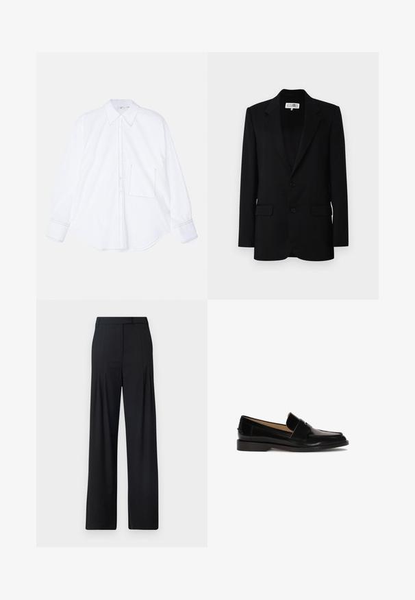 MM6 Maison Margiela JACKET - Blejzer - black; Biela košeľa s dlhým rukávom z hladkej tkaniny, s button-down prednou časťou, veľkým golierom, okrúhlym spodným lemom a jednou ľavou náprsníkou so stehovým detailom.; Čierne nohavice s širokými nohavicami s plochým predným dielom, skladbami a prispôsobeným pásom. Vyrobené z hladkej, ľahkej látky.; Čierne kožené mokasíny s hladkým povrchom, zaoblenou špičkou a ozdobným pásikom cez prednú časť. Dizajn s nízkym blokovým podpätkom.