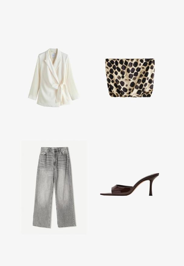 Hvid blazer med lange ærmer, brede revers og en stofsløjfe i taljen, mærket "NEXT" på indersiden af kraven.; Leopardmønstret stofpose i beige og sort med en samlet topkant. Glat tekstur med en blank finish og rund form.; VIDEAJEANS i falmet sort denim med høj talje, der har fem lomme design og kontrasterende syning for tekstur.; Mørkebrun laklæder mule med åben tå, bred rem og slank høj hæl på hvid baggrund.