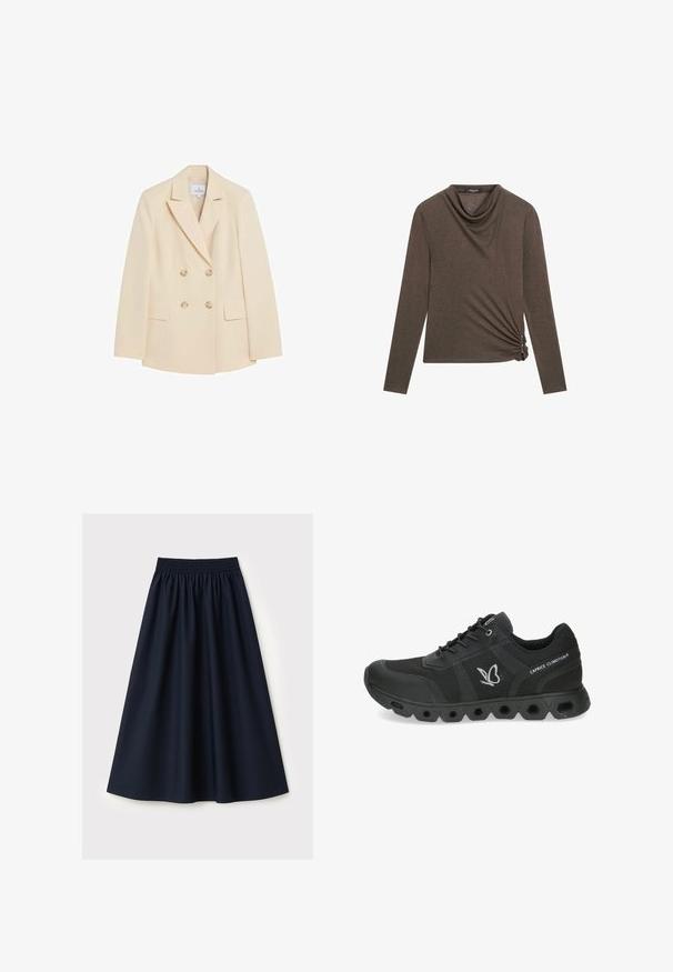 Roomkleurige dubbelgeknoopte blazer met inkeping revers, vier knopen, lange mouwen en twee klepzakken aan de voorkant op een witte achtergrond.; Bruine top met lange mouwen en col, met een gedraaide zijkant en zachte, gladde stof. Geschikt voor casual gebruik.; Marineblauwe rok gemaakt van gladde stof, voorzien van een elastische tailleband, uitlopende pasvorm en een knielengte. Geen patronen of accenten zichtbaar.; Zwarte sportieve schoen met een bovenwerk van mesh en synthetisch materiaal, hexagonaal zoolontwerp, reflecterend logo en vetersysteem voor een veilige pasvorm.