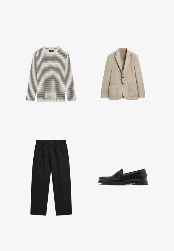 Beige hørblazer med to sorte knapper, brede slag og to forlommer, vist på hvid baggrund.; Langærmet skjorte med en cremet base og tynde marineblå striber. Har en rund hals og en blød tekstur. Ingen synlige logoer eller udsmykninger.; Sort buks med lige ben, knap- og lynlåslukning, bæltestropper og læg foran, lagt fladt på hvid baggrund.; Sorte læderloafer med rundet tå, syningsdetaljer, glat tekstur og lav blokhæl. Ingen synlige udsmykninger eller mønstre.