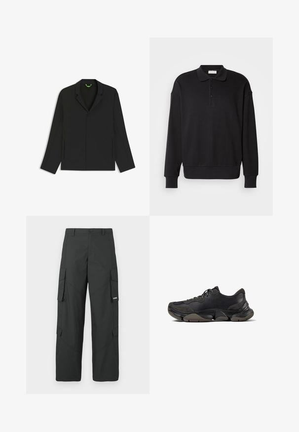 Sort blazer med en enkelt knaplukning, notched revers, lange ærmer og sideslidser. Glat stof med et minimalistisk design.; Sort langærmet polo skjorte, ribbet tekstur, tre-knap lukning, broderet logo på brystet, tætsiddende manchetter og kant. Blødt bomuldsblandingsmateriale.; Sorte straight-leg cargo bukser med sidelommer med klap, knaplukning, bæltestropper og et lille hvidt logo på klappen af højre lomme.; Sort atletisk sneakers med tekstureret sål, overdel i læder og ruskind, polstret krave og snørebånd, vist i sideprofil.