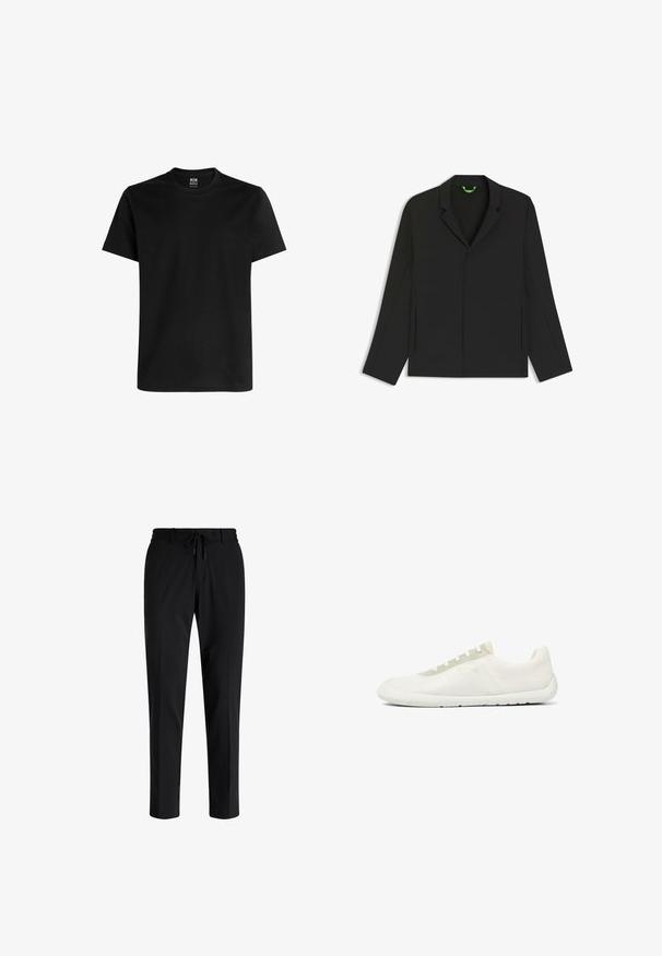 Sort blazer med en enkelt knaplukning, notched revers, lange ærmer og sideslidser. Glat stof med et minimalistisk design.; Sort kortærmet t-shirt lavet af blød bomuld. Har en rund halsudskæring og en afslappet pasform, uden synlige logoer eller mønstre.; Sorte bukser lavet af glat stof, med snoretræk i taljen, tapered ben og uden synlige lommer. Enkel og alsidig design.; Minimalistisk hvid lavtop-sneaker med tekstureret mesh-stof, hvid sål og lysebeige snørehuller.