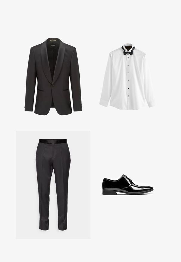 Chaqueta de esmoquin negra con solapa de satén, un botón, dos bolsillos laterales y un diseño ajustado, fabricada con tejido suave.; Camisa blanca de vestir de manga larga con botones negros y una pajarita negra preanudada alrededor del cuello, mostrada sobre un fondo blanco.; Pantalones negros ajustados con un corte slim, frente plano y un brillo sutil. Presentan una cinturilla negra suave y detalles de pliegue a lo largo de las piernas.; Zapato formal de hombre, negro brillante, de cuero, con cordones, punta puntiaguda y tacón bajo apilado sobre fondo blanco.