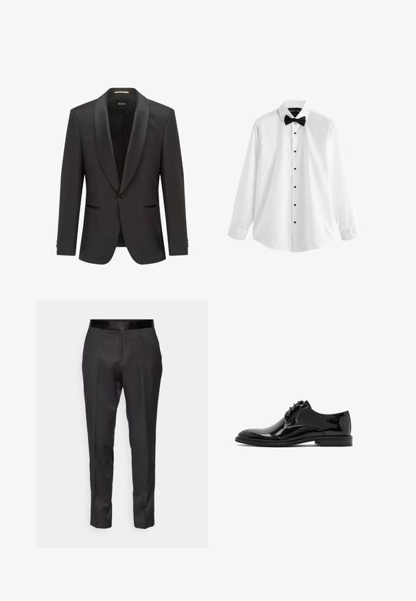 Sort smokingjakke med satin sjalskrave, enkeltknap, to sidelommer og en slim fit design, lavet af glat stof.; Hvid skjorte med lange ærmer med sorte knapper og en sort butterfly, vist på ensfarvet hvid baggrund.; Sorte skræddersyede bukser med slim fit, flad front og diskret glans. Har en glat sort talje og kantdetaljer langs benene.; Sort poleret lædersko til mænd med snørebånd, Oxford-stil, lav hæl og rundet tå, vist i sideprofil på hvid baggrund.