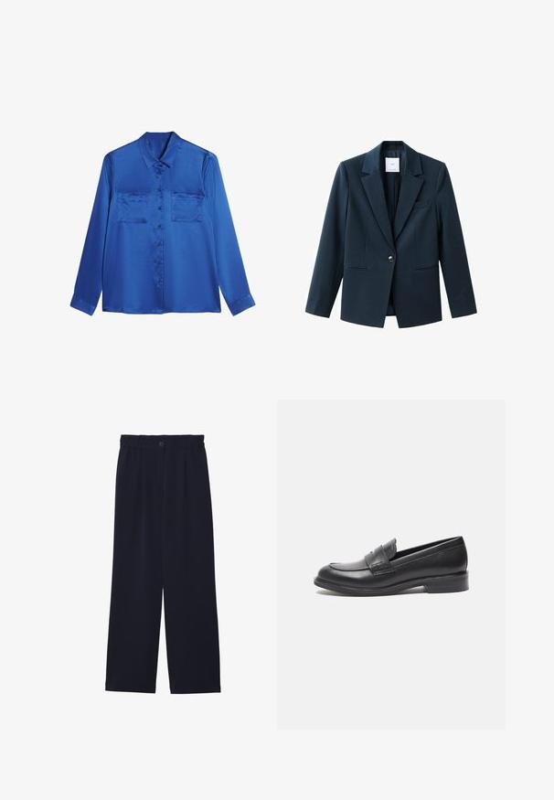 Dunkelblauer Navy-Blazer aus Stoff mit glatter Textur, ausgestattet mit einem Knopf, Revers mit Kerbe und zwei Vorderfachern.; Satinblaue Bluse mit kragenförmigem Halsausschnitt, langen Ärmeln, zwei Brusttaschen und Knopfverschluss vorne. Glatte, glänzende Textur.; Helles Marineblaue weit geschnittene Hose mit glatter Textur, elastischem Bund, einem vorderen Bügel und einem Knopfverschluss an der Taille.; Schwarze Lederloafers mit glatter Oberfläche, runder Spitze und seitlichem Nähdetail. Verfügt über einen niedrigen, rechteckigen Absatz.