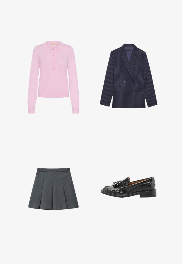 Dubbelzijdige marineblauwe blazer met witte streepjes, met een geknipt revers, twee voorkeurszakken en zes zwarte knopen, met een gladde stofstructuur.; Roze gebreide lange mouw polo trui met een kraag, voorzien van een knoopsluiting met vijf knopen en een ribgebreide zoom. Zachte textuur, aansluitend ontwerp.; Grijze geplooide rok van textuurstof, met een aansluitende tailleband en een uitlopende vorm, geschikt voor zowel casual als formele gelegenheden.; Zwarte leren loafer met kwastjes, gestikte details en lage blokhak, getoond vanaf de buitenkant op een witte achtergrond.