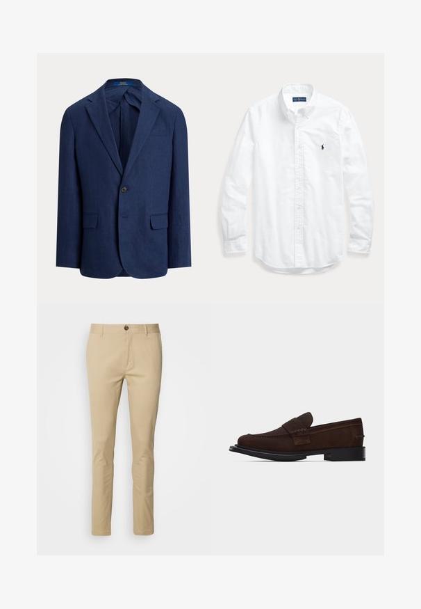 Blazer bleu marine pour homme à un bouton, avec revers en encoche, poches à rabat et étiquette Polo Ralph Lauren visible à l'intérieur du col.; Chemise blanche à manches longues avec boutons et col, avec un petit logo foncé sur la poitrine gauche, posée à plat sur un fond clair.; Chinos beige avec une coupe slim, en coton. Comprend une fermeture à bouton, des passants de ceinture et des détails de couture subtils sur les poches.; Mocassin à enfiler en cuir marron avec détails surpiqués et semelle noire, présenté de profil sur un fond blanc uni.