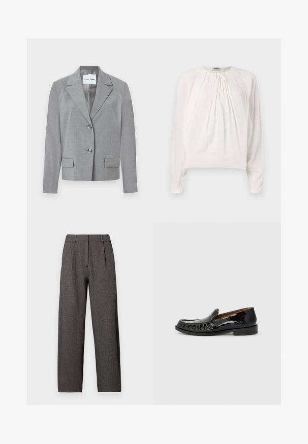 Grå skræddersyet blazer med filet krave, to-knaps lukning og to frontlommer med en glat overflade. Foret indvendig.; Hvid langærmet bluse med rund halsudskæring og plisseret front. Blødt, glat stof med afslappet pasform og knapdetalje ved kraven.; Mørkegrå højtaljede vide bukser med bæltestropper, foran plisseringer og skjult for lynlås.; Sorte patentlæder loafers med frangesmykning på fronten og rund tå. Sålen er flad og tekstureret for godt greb.