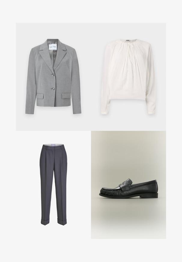 Grå skræddersyet blazer med filet krave, to-knaps lukning og to frontlommer med en glat overflade. Foret indvendig.; Hvid langærmet bluse med rund halsudskæring og plisseret front. Blødt, glat stof med afslappet pasform og knapdetalje ved kraven.; Mørkegrå skræddersyede bukser med lige ben, plisseret for og opsmøgte manchetter. Lavet af glat stof med en klassisk talje.; Sort læder penny loafer med rynket tådetalje og lav stablet hæl, set fra siden på en neutral baggrund.