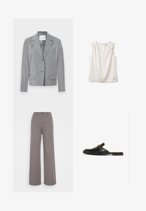 Grå skræddersyet blazer med filet krave, to-knaps lukning og to frontlommer med en glat overflade. Foret indvendig.; Ærmeløs hvid bluse med subtil struktureret stof, en lille nøglehul ved baghalsen og et lille metallogo nær kanten.; Bredde bukser i et blødt gråt stof. Har en knaplukning og rene sømme. Glat tekstur uden synlige mønstre eller udsmykninger.; Sorte læderslippers med flad sål, der har et dekorativt hardware-accent i guld og en glat, strømlinet design.