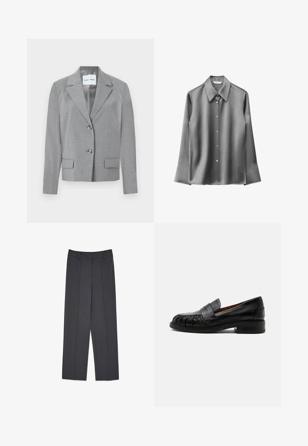 Blazer gris a medida con cuello de muesca, cierre de dos botones y dos bolsillos frontales con textura suave. Interior forrado.; Camisa larga de satén gris con mangas largas, cuello puntiagudo, cierre de botones y detalles de puños acampanados. Textura suave con un brillo sutil.; Pantalones grises a medida con un diseño de pierna recta, que cuentan con pliegues prensados, una textura suave y presillas para cinturón. No hay bolsillos visibles.; Mocasín de cuero negro con tacón bajo, detalles cosidos en la parte delantera y una correa decorativa sobre el empeine.