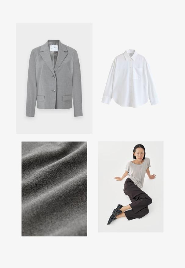 Blazer gris a medida con cuello de muesca, cierre de dos botones y dos bolsillos frontales con textura suave. Interior forrado.; Camisa blanca de manga larga, abotonada, con cuello puntiagudo y un único bolsillo en el pecho, presentada sobre un fondo blanco liso.; Tela gris con una superficie suave y texturizada, que muestra patrones sutiles formados por suaves pliegues y arrugas.; Top de manga corta gris claro, pantalones anchos oscuros y mocasines negros. Tela suave, ajuste relajado y ribete en contraste en la camisa.