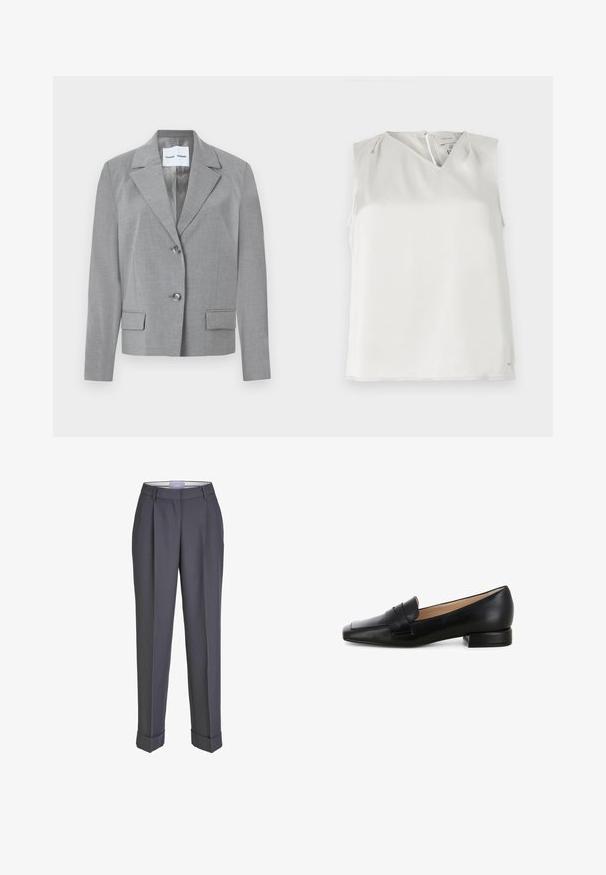 Grijze op maat gemaakte blazer met een gekartelde kraag, knoopsluiting met twee knopen en twee voorkruiszakken met een soepele textuur. Gevoerde binnenkant.; Mouwloze witte blouse met V-hals, subtiele plooien bij de schouders en ritssluiting aan de achterkant, getoond tegen een effen achtergrond.; Donkergrijze op maat gemaakte broek met een recht gesneden ontwerp, geplooid voorpand en omslagmanchetten. Gemaakt van soepel materiaal, met een klassieke tailleband.; Zwarte leren loafer met een platte hak, vierkante neus en een gestikte banddetail over de voorkant. Gladde textuur met een gepolijste afwerking.