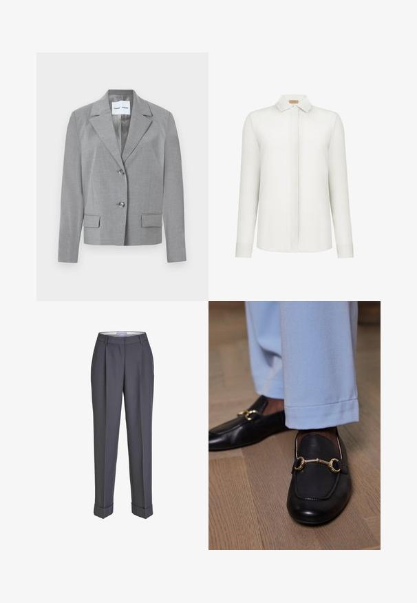 Grå skræddersyet blazer med filet krave, to-knaps lukning og to frontlommer med en glat overflade. Foret indvendig.; Hvid langærmet skjorte med skjulte knapper, klassisk krave og lige kant, vist på en ensfarvet baggrund.; Mørkegrå skræddersyede bukser med lige ben, plisseret for og opsmøgte manchetter. Lavet af glat stof med en klassisk talje.; Sorte læder loafers med guld metalbit detalje båret med lyseblå bukser på trægulv.