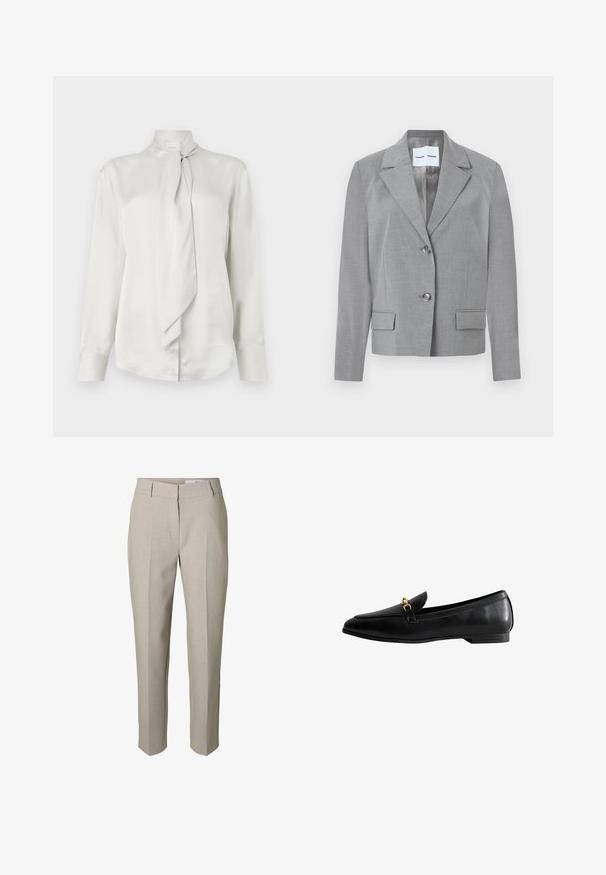 Blazer gris a medida con cuello de muesca, cierre de dos botones y dos bolsillos frontales con textura suave. Interior forrado.; Blusa blanca de manga larga con cuello alto y detalle de bufanda atada en la parte delantera, hecha de una suave tela similar al satén.; Pantalones beige hechos a medida con trabillas para el cinturón, cierre delantero con cremallera y pliegues prensados en las piernas, mostrados sobre un fondo blanco.; Mocasín de cuero negro con punta afilada, que presenta un detalle de cierre en tono dorado. El zapato tiene un tacón bajo y una textura suave.