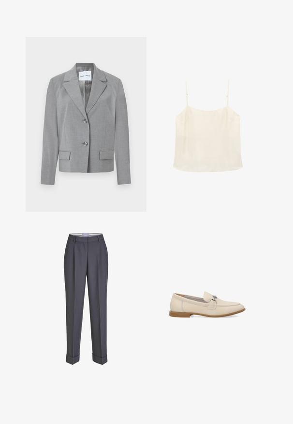 Grå skræddersyet blazer med filet krave, to-knaps lukning og to frontlommer med en glat overflade. Foret indvendig.; Flødefarvet ærmeløs camisole-top med tynde justerbare stropper og en lige halsudskæring på hvid baggrund.; Mørkegrå skræddersyede bukser med lige ben, plisseret for og opsmøgte manchetter. Lavet af glat stof med en klassisk talje.; Beige læderloafers med sølvspænde og lav brun hæl, vist fra siden på en hvid baggrund.