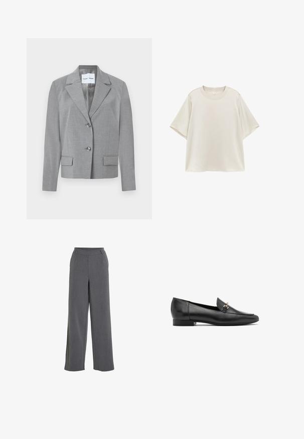 Grå skræddersyet blazer med filet krave, to-knaps lukning og to frontlommer med en glat overflade. Foret indvendig.; Enkelt lysebeige T-shirt med kortærmet rund hals og afslappet pasform, vist fladt på en hvid baggrund.; Lysegrå bukser med høj talje og vidde i benene, med bæltestropper og sidelommer, designet til en løs og behagelig pasform.; Sorte læder loafers med flad hæl, spids snude og en lille guldhardware detalje foran. Glat struktur og minimalistisk design.