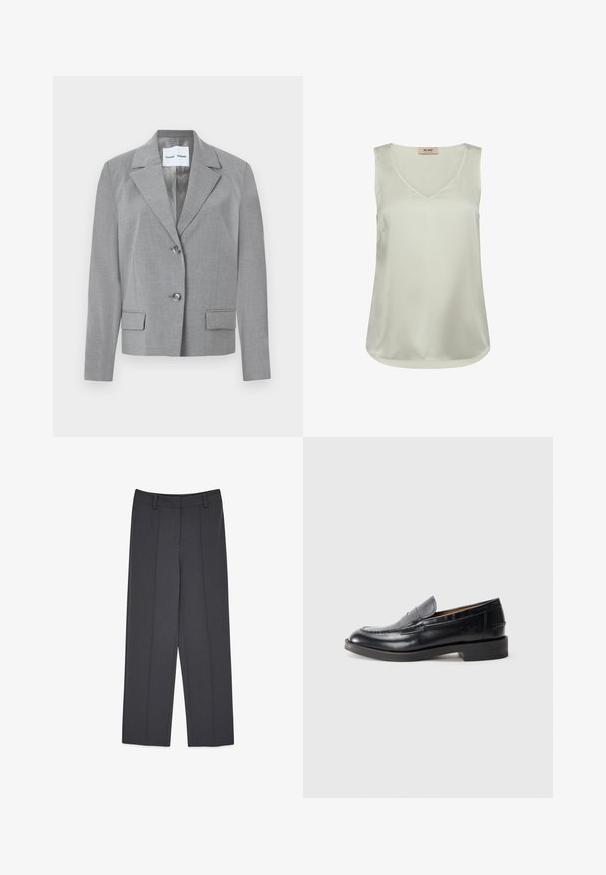 Blazer gris a medida con cuello de muesca, cierre de dos botones y dos bolsillos frontales con textura suave. Interior forrado.; Blusa sin mangas de satén color beige claro con escote en V y dobladillo redondeado, con una pequeña etiqueta en la parte posterior del cuello interior.; Pantalones grises a medida con un diseño de pierna recta, que cuentan con pliegues prensados, una textura suave y presillas para cinturón. No hay bolsillos visibles.; Mocasines de cuero negro con un diseño cosido, puntera redonda, tacón bajo apilado y detalle del logo en relieve en el lateral. Textura suave.