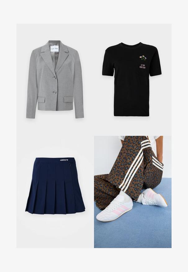 Sivý prispôsobený blazer s klopovým golierom, zapínaním na dva gombíky a dvoma prednými vreckami s hladkou textúrou. Podšité vnútro.; Čierne tričko s krátkym rukávom a náprsným vreckom, s malými farebnými kvetmi a ružovým textom "Let Your Heart Bloom".; Námornícky skládací sukňa vyrobená z ľahkého materiálu; má elastický pás a malú zipsovú kapsu, s bielym logom Adidas vpredu.; Biele športové topánky s ružovými pruhmi, skombinované s hnedými nohavicami s leopardím vzorom, ktoré majú biele bočné pruhy, na modrom koberci.