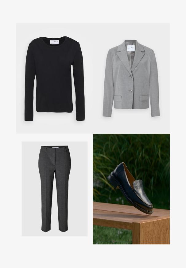 Blazer gris sur mesure avec un col en notch, fermeture à deux boutons et deux poches avant au toucher lisse. Doublure intérieure.; T-shirt noir à manches longues en coton doux, avec un col rond et un design simple et sans couture, sans motifs ni accents.; Pantalons gris, ajustés, avec une texture lisse, coupe droite, poches avant et fermeture cachée. Idéaux pour des occasions formelles.; Chaussure habillée noire en cuir à enfiler, en lévitation au-dessus d’un banc en bois avec un feuillage vert en arrière-plan.