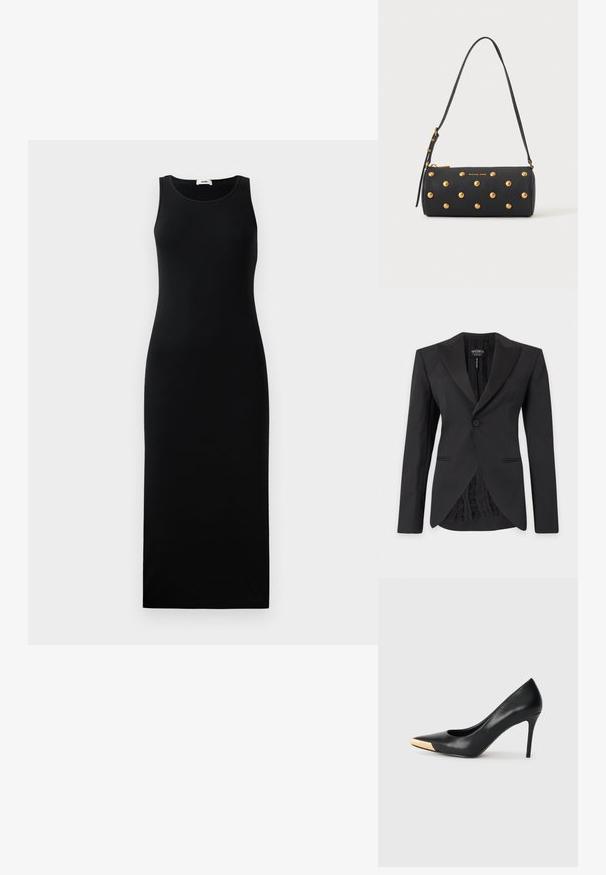 Blazer noir pour femmes, taillé sur mesure, avec une fermeture par un bouton, des revers crantés, des poches avant et un détail de doublure intérieure en dentelle.; Robe maxi noire sans manches avec encolure ronde et silhouette ajustée, présentée sur un fond clair uni.; Pompe à talon haut en cuir noir avec bout pointu ; présente une accentuation métallique dorée sur le capuchon. Surface lisse avec un design épuré.; Sac à main cylindrique noir avec des clous dorés et une bandoulière réglable, avec le logo "Michael Kors" en doré sur le devant.