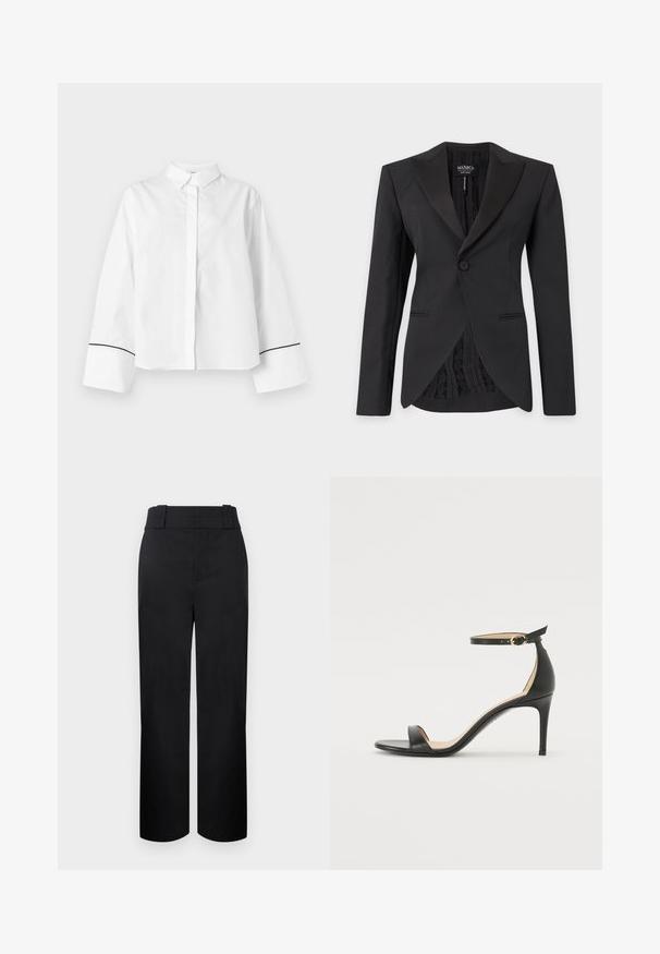 Blazer noir pour femmes, taillé sur mesure, avec une fermeture par un bouton, des revers crantés, des poches avant et un détail de doublure intérieure en dentelle.; Chemise blanche à manches longues boutonnée, col pointu, larges poignets avec fine bordure noire près des extrémités, devant uni et coupe décontractée.; Pantalon noir taille haute, jambes droites, avec larges passants de ceinture et fermeture avant dissimulée sur un fond clair.; Sandale à talons hauts en cuir noir avec une lanière de cheville. Présente une texture lisse, un bout ouvert et un talon fin. Détail de boucle en ton doré.