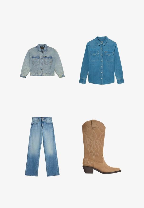 Hellblaue Jeansjacke mit Knopfverschluss, zwei vorderen Pattenklappentaschen mit Knöpfen und einem Kragen.; Blaues Jeanshemd mit langen Ärmeln, vorderer Knopfleiste, zwei Brustklappentaschen mit Knöpfen und spitzem Kragen.; Hellblaue Straight-Leg-Denim-Jeans mit fünf Taschen und Knopf- und Reißverschluss vorne, auf weißem Hintergrund dargestellt.; Tanfarbene Wildleder-Cowboystiefel mit bestickter dekorativer Naht, mittelhohem gestapeltem Absatz und Zugschlaufe am Schaft.