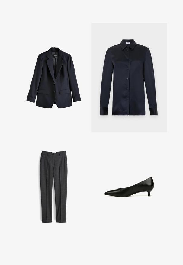 Marineblauwe blazer met een getailleerd ontwerp, twee voorzakken en twee knopen. Gemaakt van een soepele stof met een gestructureerde kraag en voering.; Zwarte zijden blouse met lange mouwen, puntige kraag, knoopsluiting aan de voorkant en manchetten aan de mouwen, getoond op een effen lichte achtergrond.; Grijze, gestructureerde broek met een tailored ontwerp, voorzien van voorplooien, ceintuurlussen en een enkele knoopsluiting bij de taille.; Zwarte leren kitten heel schoen met een spitse neus, een gladde textuur en een minimalistisch ontwerp. De hakhoogte is ongeveer 3,8 centimeter.