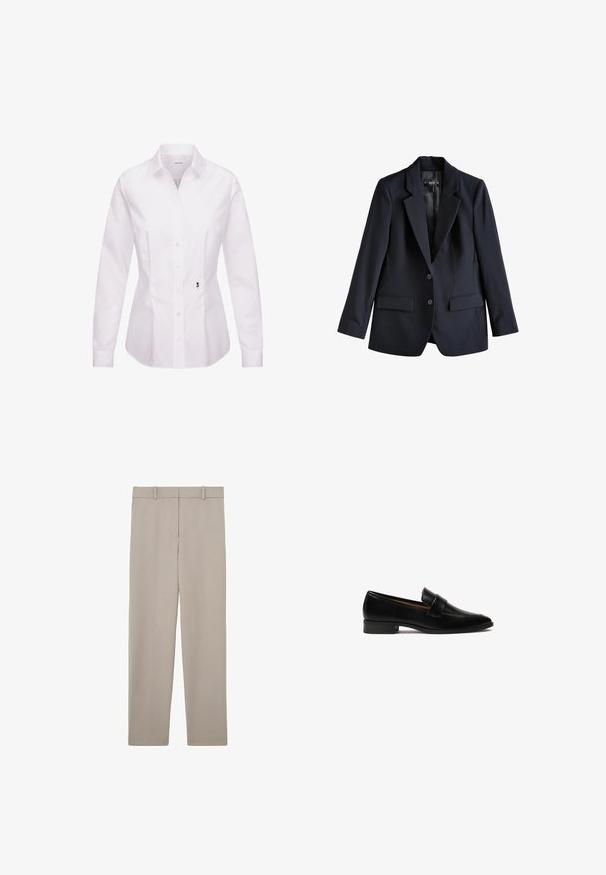 Marineblå blazer med skræddersyet design, to forlommer og to knapper. Lavet af glat stof med en struktureret krave og foer.; Hvid langærmet skjorte med knapper, klassisk krave, frontplade, sidesømme og en sort broderet rosedetalje nær kanten.; Beige, lige bukser med bæltestropper og et rent, minimalistisk design, vist fladt på en hvid baggrund.; Sorte læder loafers med flad hæl, der har en rektangulær rem over vampen og en glat, poleret overflade.