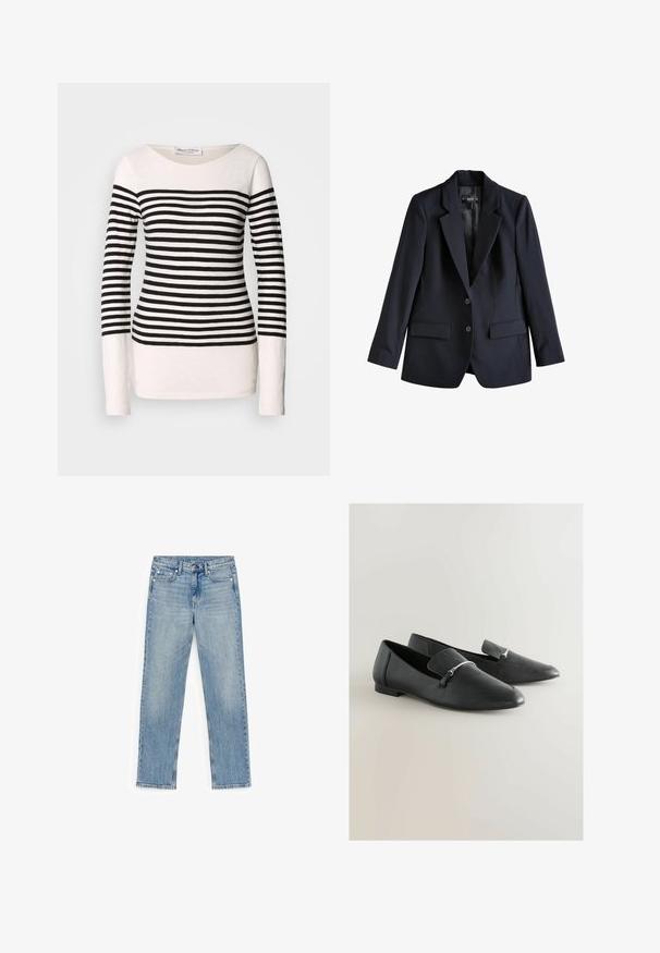 Marineblauer Blazer mit taillierter Passform, zwei Fronttaschen und zwei Knöpfen. Hergestellt aus glattem Stoff mit strukturiertem Kragen und Futter.; Langärmliges gestreiftes Oberteil mit schwarzen und weißen horizontalen Streifen, Bootsausschnitt-Design und taillierter Silhouette. Material aus Baumwollmischung.; Hellblaue, gerade geschnittene Jeans mit vorne Knopf, Reißverschluss, Gürtelschlaufen und Fünf-Taschen-Design auf weißem Hintergrund.; Schwarze Lederloafer mit spitz zulaufender Spitze, verziert mit einem silbernen Akzent und einer Umschlagklappe. Flacher Absatz und glatte Textur.