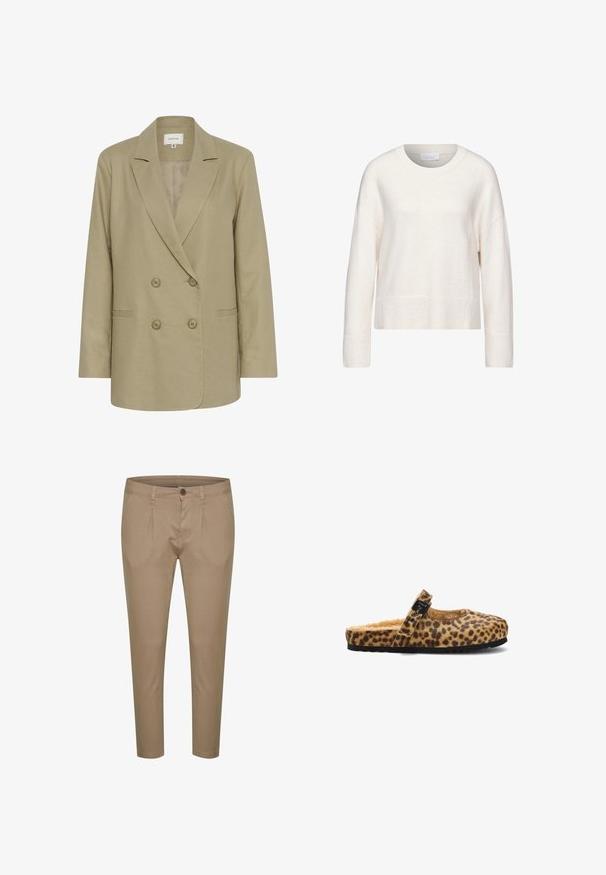 Dobbeltbrystet beige blazer lavet af tekstureret stof. Har en udspecificeret krave, to forlommer og knaplukning.; Elfenbenfarvet sweater med rund halsudskæring, lange dolmansleeves og ribbede manchetter og kant. Blødt tekstureret stof med en afslappet pasform.; Beige skræddersyede bukser med flad front, to folder, mellem høj talje og ren kant. Lavet af let, glat stof for komfort.; Leopardmønstret slingback tøfler med en fuzzy inderside, en rund tå og en dekorativ sort spænde. Sort gummisål med tekstur.