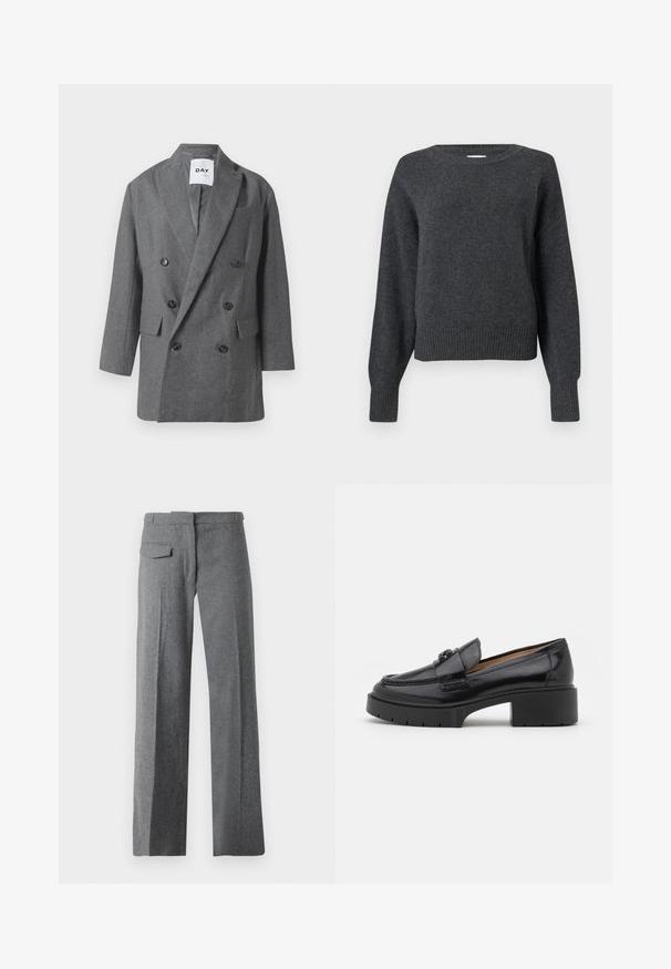 Blazer de mezcla de lana gris de corte doble con solapas anchas, dos bolsillos frontales y botones oscuros. Forro suave, ajuste estructurado, sin patrones visibles.; Sudadera de punto gris oscuro con cuello redondo, hombros caídos y puños y dobladillo acanalados. Textura suave y ajuste ligeramente corto.; Pantalones grises con corte recto, textura suave, un bolsillo trasero y un patrón de tela sutil.; Mocasín de cuero negro con tacón bajo, punta redondeada, correa decorativa y detalle de costura texturizada en la parte superior. Acabado suave.