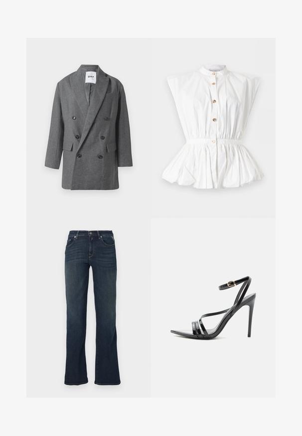 Grau melierter Wollmix Doppelreiher-Blazer mit breiten Revers, zwei vorderen Taschen und dunklen Knöpfen. Glatte Fütterung, strukturierte Passform, keine sichtbaren Muster.; Weiße ärmellose Bluse mit Mandarinkragen, goldfarbenen strukturierten Knöpfen, tailliertem Bund und ausgestelltem Peplum-Saum.; Dunkelblaue Denim-Jeans mit ausgestelltem Bein, ausgestattet mit fünf Taschen und kontrastierenden Nähten. Glatte Textur und standardmäßiger Bund.; Schwarze Sandale mit hohem Absatz und dünnen Riemen über den Zehen und am Knöchel, mit einer goldenen Schnalle an einem schlanken Stiletto-Absatz.