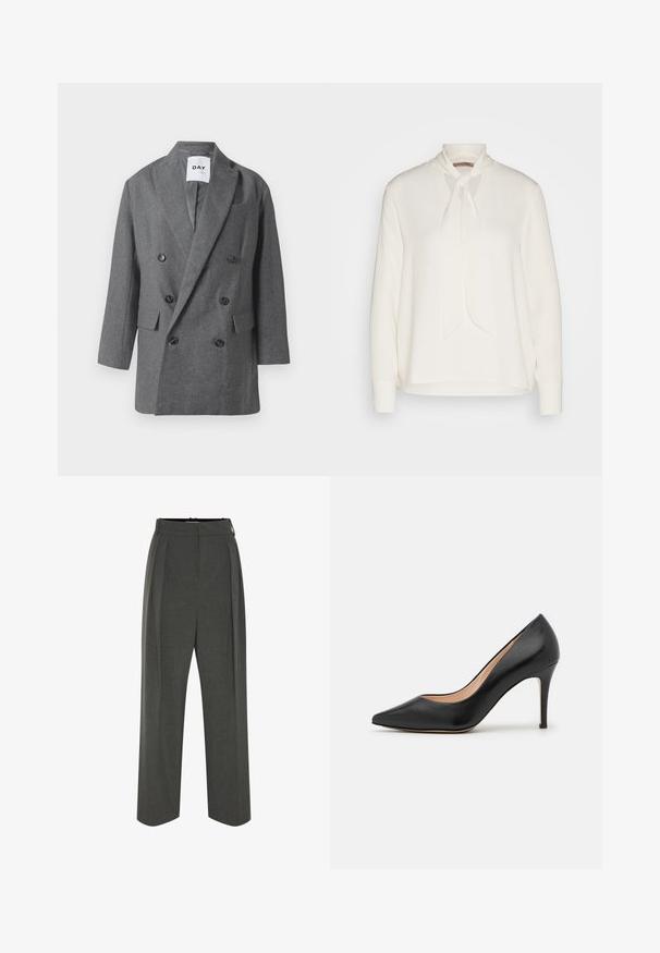 Grå uldblanding dobbeltbrystet blazer med brede revers, to forlommer og mørke knapper. Glat foring, struktureret pasform, ingen synlige mønstre.; Hvid langærmet skjorte med bindebånd ved halsen, der har en glat overflade og en afslappet pasform. Enkel og elegant uden yderligere mønstre.; Grå viddebukser i tekstureret stof med højtaljet pasform og forreste læg. Designet har en glat linning uden synlige lukninger.; Sort læder højhælede pumpe med spids tå. Glat tekstur, slank stiletto hæl og en beige sål synlig fra siden.