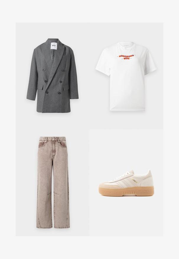 Blazer de mezcla de lana gris de corte doble con solapas anchas, dos bolsillos frontales y botones oscuros. Forro suave, ajuste estructurado, sin patrones visibles.; Camiseta blanca de manga corta con "Carhartt WIP" escrito en letras mayúsculas de bloque en naranja y rojo en el pecho.; Pantalones de mezclilla de pierna ancha y cintura alta en marrón claro, con una sutil textura, diseño de cinco bolsillos y costuras visibles.; Zapatilla Adidas Spezial en cuero blanco roto con suela plataforma de goma de color marrón, franjas blancas, logo dorado y puntera de ante, vista lateral sobre fondo blanco.