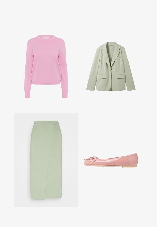 Blazer vert clair avec revers en pointe, deux poches avant et une fermeture à un bouton. Fabriqué en tissu texturé, offrant une coupe ajustée.; Pull en maille rose pâle avec col rond, manches longues et poignets et ourlet côtelés. Présente une texture lisse et une coupe classique.; Anna Field by Zalando Jupe portefeuille - light green; Ballerines en cuir verni rose avec un bout arrondi, détail en corde à l'avant et semelle en caoutchouc beige. Fini lisse et brillant sur l'ensemble.