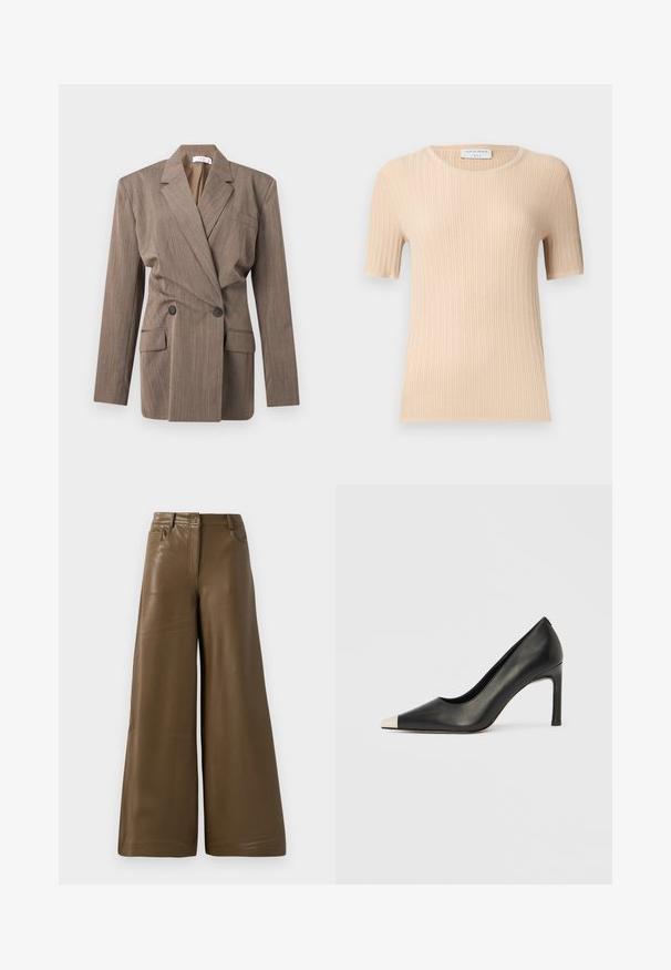 Brun dobbelt-breasted blazer med hakkede revers, to forlommer med klap, en brystlomme og lange ærmer på en hvid baggrund.; Beige ribbet kortærmet striktop med rund halsudskæring, tætsiddende pasform og synligt "Tiger of Sweden" mærke inde i kraven.; Breddebenede bukser lavet af glat, brun kunstlæder. Har højt talje, fire lommer og en lynlås foran. Flad tekstur og minimalistisk design.; Sort læder højhælet sko med spids tå og metal-sølv hætte. Har en glat finish og en slank hæl på 10 cm.