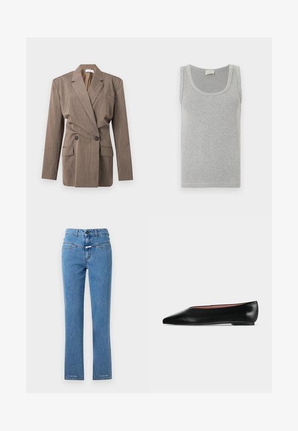 Brun dobbelt-breasted blazer med hakkede revers, to forlommer med klap, en brystlomme og lange ærmer på en hvid baggrund.; Lysegrå ribstrikket ærmeløs tanktop med rund halsudskæring og lille broderet logo nær kanten.; Lysblå denimjeans med lige ben, høj talje og to forlommer. Har knaplukning og mærkegenkendelse nær kanten.; Sort damesko i læder med flad hæl og spids tå, vist fra siden på en ensfarvet lys grå baggrund.