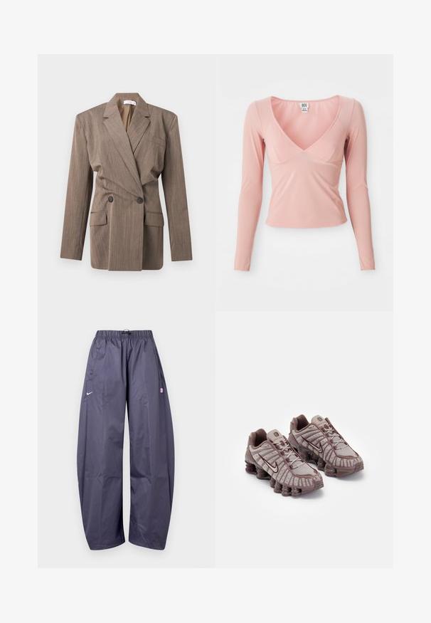 Brun dobbelt-breasted blazer med hakkede revers, to forlommer med klap, en brystlomme og lange ærmer på en hvid baggrund.; Langærmet lyserød bluse med en dyb V-hals, tætsiddende pasform og glat tekstur. Har diskrete sømme langs halsudskæringen og kanten.; Løse mørkegrå Nike træningsbukser med elastisk taljebånd, sidelommer og et lille pink logo på højre lår.; Nike Sportswear SHOX TL - Sneakers - pumice/night maroon/plum eclipse