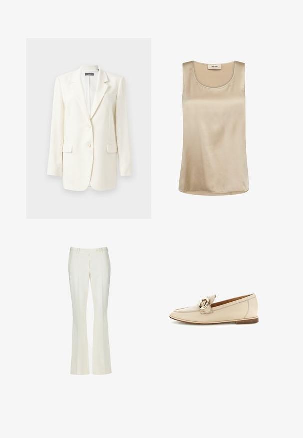 Blazer blanco ajustado con solapa de muesca, dos bolsillos frontales, cierre de botón y tela texturizada. Corte clásico con manga larga.; Top sin mangas de satén beige con cuello redondo y etiqueta Mos Mosh dentro del cuello.; Pantalones acampanados blancos en una tela suave. Presenta dos bolsillos frontales y un cierre de botón en la parte delantera, con un sutil detalle de pliegues.; Mocasín de cuero beige con tacón bajo y detalle de hebilla dorada en la parte superior, presentado sobre un fondo blanco.