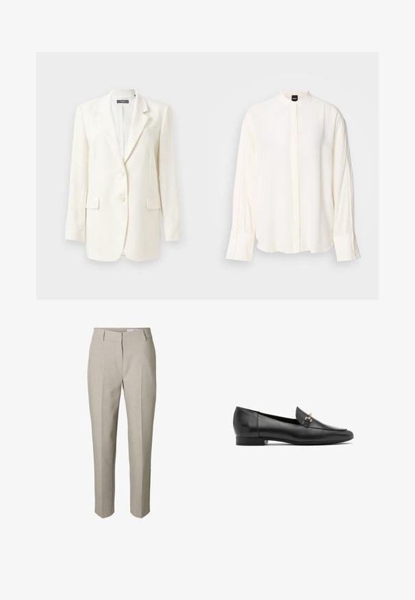 Hvid skræddersyet blazer med klapkrave, to forlommer, knaplukning og struktureret stof. Klassisk pasform med lange ærmer.; Langærmet, cremefarvet bluse lavet af glat stof; mandarin-krave, forflap, knappede ærmekanter og en afslappet pasform.; Beige skræddersyede bukser med bæltestropper, lynlås foran og pressede læg ned langs benene, vist mod en hvid baggrund.; Sorte læder loafers med flad hæl, spids snude og en lille guldhardware detalje foran. Glat struktur og minimalistisk design.