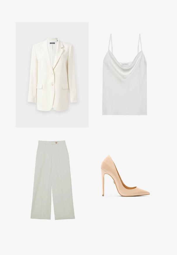 Hvid skræddersyet blazer med klapkrave, to forlommer, knaplukning og struktureret stof. Klassisk pasform med lange ærmer.; Hvid satin camisole med en draperet udskæring, tynde justerbare stropper og en lige afslutning. Mærket "ANNA FIELD" er synligt indeni.; Bukser med vide ben lavet af let stof i en off-white farve, med forreste læg og en enkelt knaplukning.; Nøgen laklæder højhælet sko med spids tå, slank silhuet og en stiletthæl, der har en glat, blank tekstur.