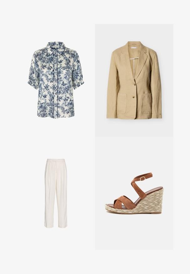 Blazer en lin beige avec des revers crantés, deux boutons, deux poches plaquées à l'avant et des manches longues sur un fond blanc uni.; Chemisier blanc à manches courtes avec imprimé botanique et papillons bleu marine, col pointu, boutons sur le devant et poignets froncés.; Pantalon blanc taille haute sur mesure avec plis, passants de ceinture et jambes droites, présenté sur un fond blanc uni.; Sandale compensée en daim marron avec plateforme en jute tressée, brides croisées et boucle de cheville réglable sur fond blanc.