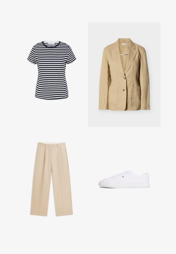Beige hørblazer med hakket revers, to knapper, to frontpatchlommer og lange ærmer mod en ensartet hvid baggrund.; Marineblå og hvid stribet t-shirt lavet af økologisk bomuld, med rund halsudskæring og korte ærmer, samt en lige kant forneden.; Beige bukser med vide ben, bæltestropper, sidelommer og en pres fald foran på hvert ben, vist fladt på en hvid baggrund.; Hvid lavsko med snørelukning og lille rød, hvid og blå logo på siden, flad gummisål.