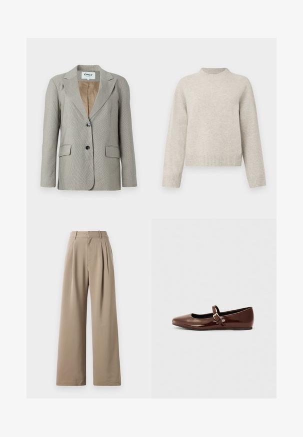 Blazer gris clair avec un motif à carreaux, cols crantés, deux poches avant et une fermeture à un bouton. Doublé d'une intérieur beige.; Pull en tricot épais gris clair avec un col rond, des épaules tombantes et des bords côtelés aux poignets et à l'ourlet. Texture douce, coupe décontractée.; Pantalons larges beige avec plis, devant plat, poches latérales et passants de ceinture. Fabriqués en tissu lisse et léger.; Ballerine en cuir verni marron avec un bout carré et une lanière ornée d'une petite boucle dorée. Texture lisse, talon bas et design minimaliste.