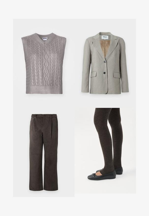 Blazer gris clair avec un motif à carreaux, cols crantés, deux poches avant et une fermeture à un bouton. Doublé d'une intérieur beige.; Pull en tricot gris sans manches avec un col en V, présentant des motifs texturés, un ourlet côtelé et une étiquette portant la mention "WEEKDAY" au niveau du col.; Pantalon en velours côtelé de couleur marron foncé, avec une coupe droite, des plis à l'avant et des poches latérales. La texture est côtelée et douce.; Jambes portant des leggings côtelés foncés associés à des ballerines noires avec de petits détails en nœud sur fond blanc.