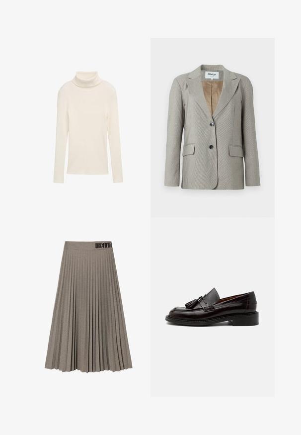 Lichtgrijze blazer met een geruit patroon, notch-revers, twee voorzakken en een enkele knoopsluiting. Gevoerd met een beige binnenvoering.; Creme trui met een col, gemaakt van ribbelstof. Lange mouwen en een getailleerde silhouette. Geen zichtbare patronen of hardwareaccenten.; Plissérok in een ruitpatroon, met een donkere riem met een gesp. Gemaakt van gestructureerde stof in bruin- en crèmekleuren.; Donkerbruine lederen loafer met kwastjes, gestikte details en een lage gestapelde hak op een effen lichte achtergrond.