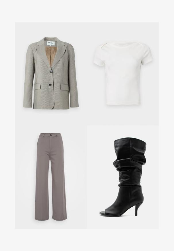 Lys grå blazer med ternet mønster, pyntelapper, to frontlommer og enkelt knaplukning. Fôret med en beige inderside.; Hvid kortærmet ribstrikket baby- eller småbørnstrøje med rund halsudskæring og skulderknapper på en ensfarvet baggrund.; Bredde bukser i et blødt gråt stof. Har en knaplukning og rene sømme. Glat tekstur uden synlige mønstre eller udsmykninger.; Sort midt på læggen slasket læderstøvle med åben tå og tynd høj hæl på ensfarvet lysegrå baggrund.